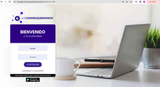 Login a plataforma app para hacer recargas y pago de servicios