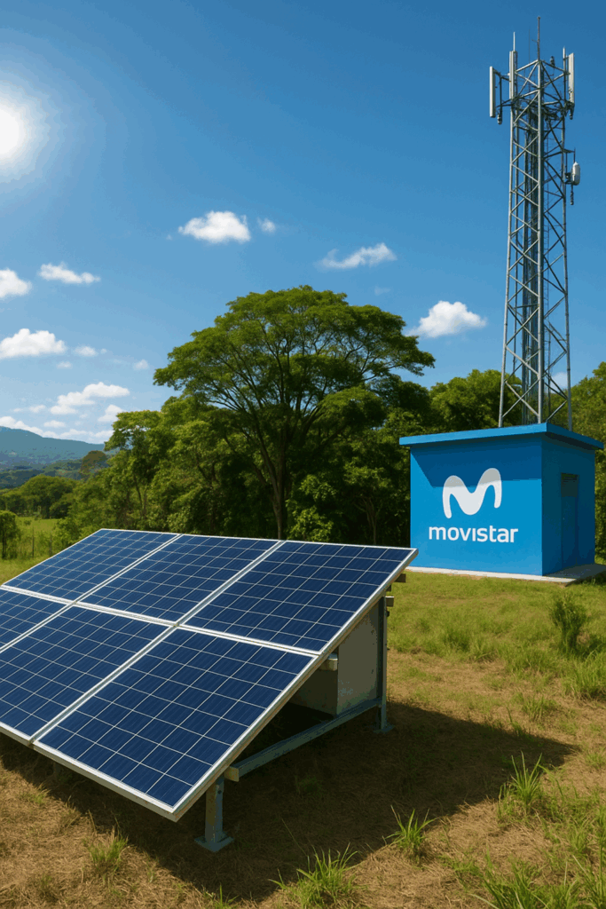 alt="Infraestructura técnica de Movistar con paneles de energía solar"