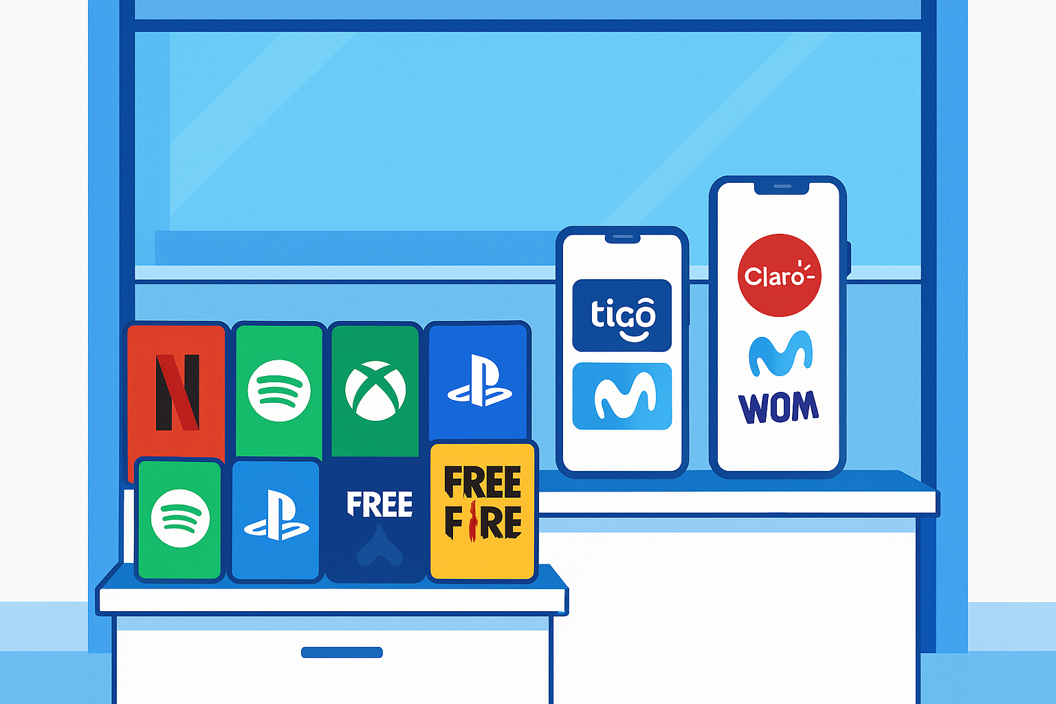 alt="Vitrina de tienda con tarjetas e íconos de servicios digitales como Netflix, Spotify, Xbox, PlayStation, Free Fire, y celulares mostrando recargas de Claro, Tigo, Movistar y WOM."