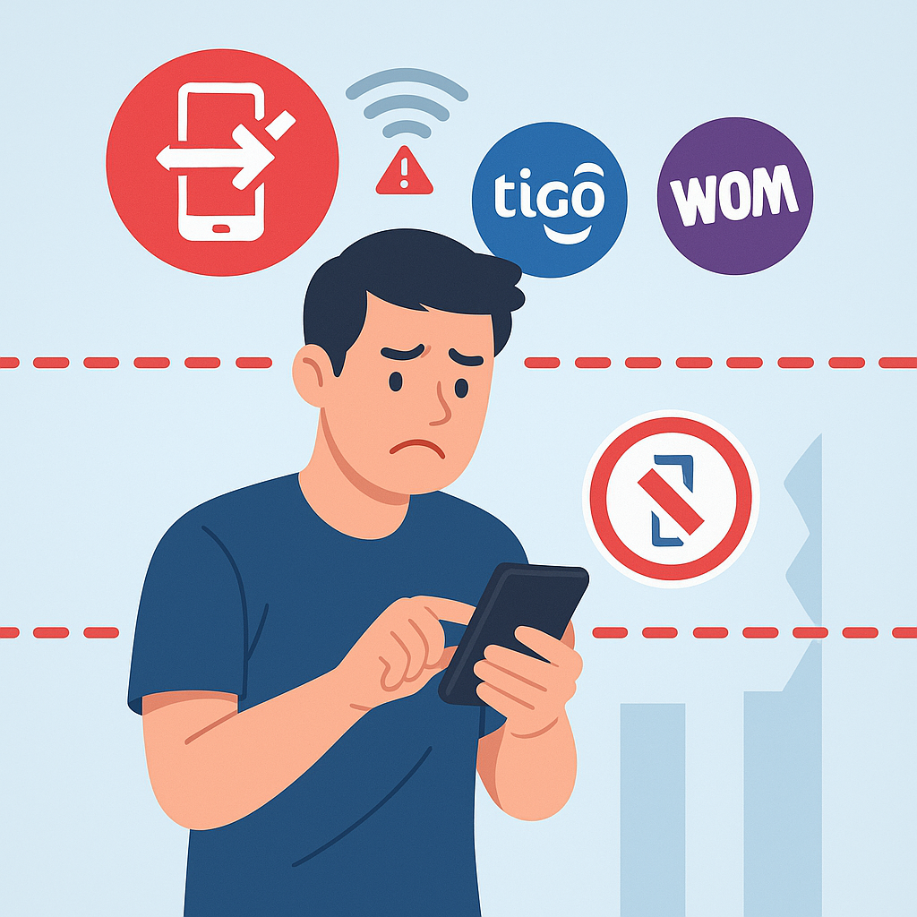 Alt: Ilustración digital en estilo plano que muestra a una persona frustrada intentando cambiar de operador en su celular, con íconos de señal bloqueada y portabilidad en rojo. 