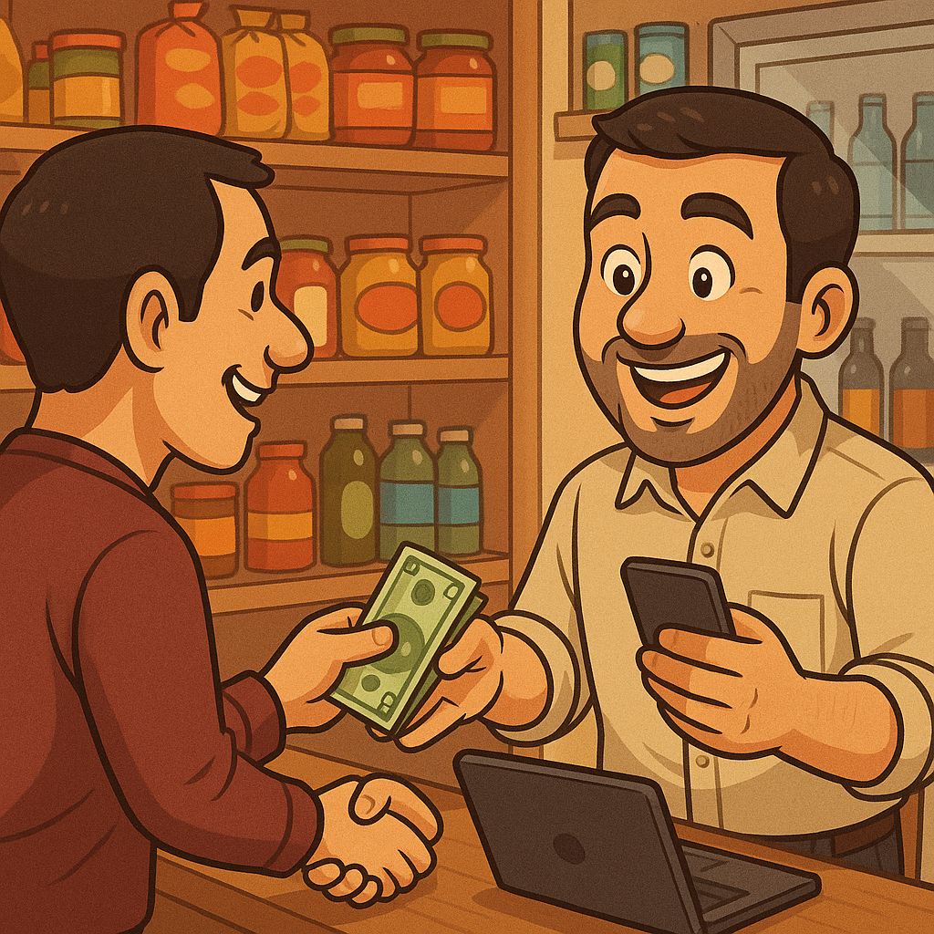 Ilustración digital en estilo caricatura que muestra a un cliente entregando efectivo al tendero, mientras este procesa una transacción en un dispositivo móvil dentro de una tienda de barrio, en un ambiente cálido y ordenado.