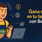 Banner digital horizontal con diseño moderno, que muestra a un emprendedor sonriendo mientras sostiene dinero y usa su celular y portátil, junto al mensaje "Gana más en tu tienda con Bwin", rodeado de íconos de dinero, celular y apuestas.