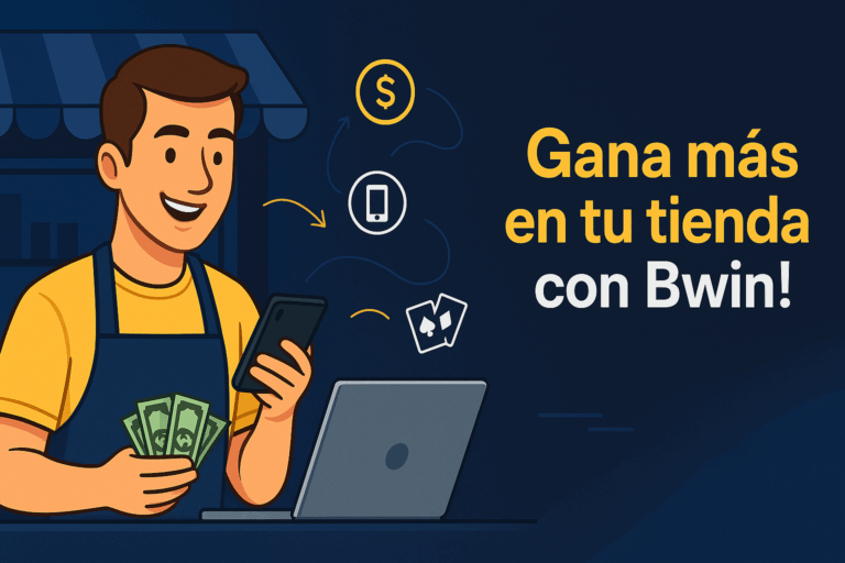 Banner digital horizontal con diseño moderno, que muestra a un emprendedor sonriendo mientras sostiene dinero y usa su celular y portátil, junto al mensaje "Gana más en tu tienda con Bwin", rodeado de íconos de dinero, celular y apuestas.