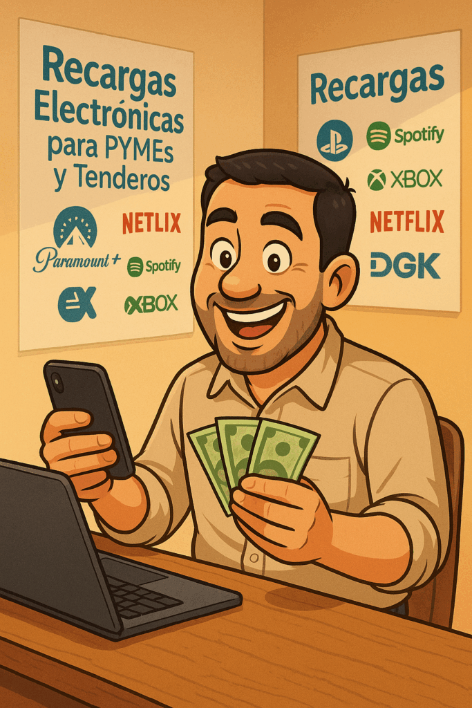 Ilustración tipo caricatura de un emprendedor o dueño de tienda contando dinero y usando su celular en su negocio, con carteles de servicios digitales al fondo, transmitiendo éxito y crecimiento.