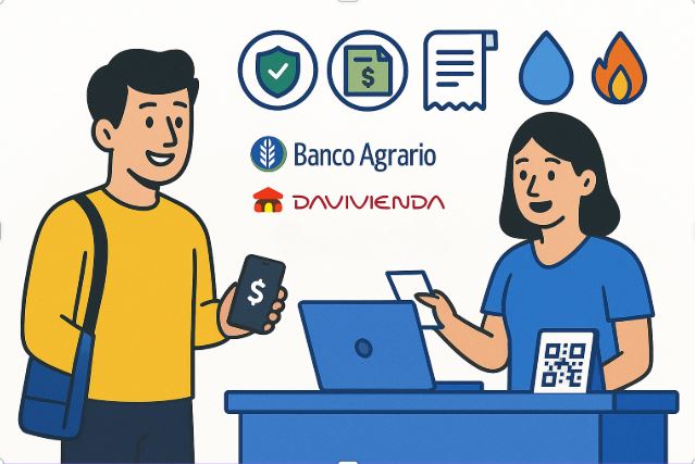 alt="Escena en tienda donde un cliente paga servicios públicos o retira dinero. Logos visibles de Banco Agrario, Davivienda, Bancolombia, y servicios de energía, agua y gas."